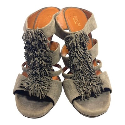 GUCCI Grey Suede Fringe Platform Youma Slide  IT 37 US Size 7 Sandals