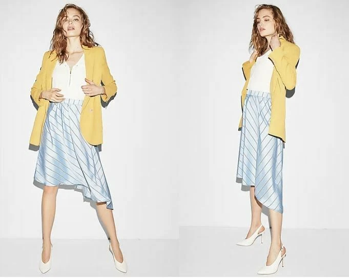 New Express Women Asymmetric Elastic Waist Light Blue Striped Midi Skirt S M L