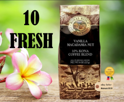 TEN (10) ROYAL KONA COFFE VANILLA MACADAMIA NUT  8oz Ground 10% Kona Blend