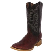 Mens Western Cowboy Boots Burgundy Ostrich Quill Print Real Leather Square Botas