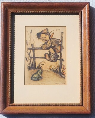 2 Prints Vintag1950s MJ Hummel Boy&Frog + Boy&BAG WOOD frame 7 1/2 '' X  9 1/2''  