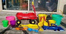 RARE VINTAGE Tim Mee Processed Plastic Toddler Small Red Wagon and 14 Beach Toys