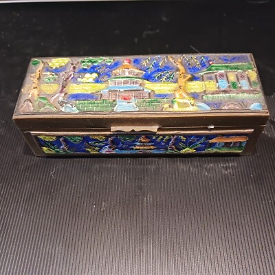 Postage Stamp Holding Box, flip top w/ Decorative Pagoda Scene, China, 1950s