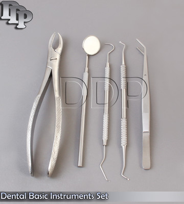 5 Dental Basic Instruments Set Mirror, Plier, Explorer, Extracting Forceps #90