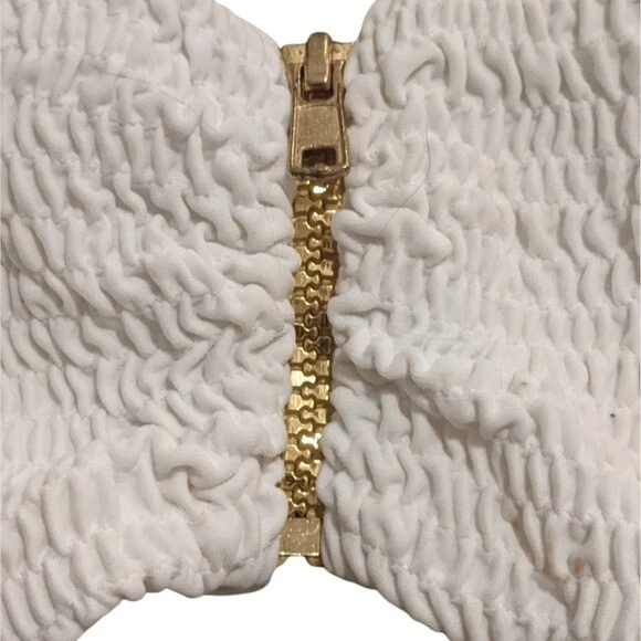 Tori Praver Swimwear White Smocked Front Zip Removable Halter Strap Bikini Top M - Image 4 of 4