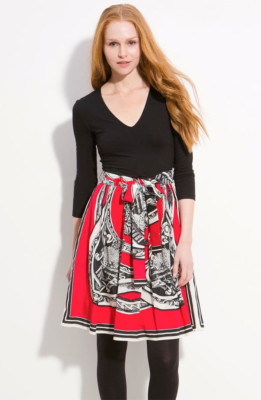 ebay silk scarf dress DKNY Black Lacquer Scarf Print Silk Skirt Combo Mock 2Fer Dress L $275