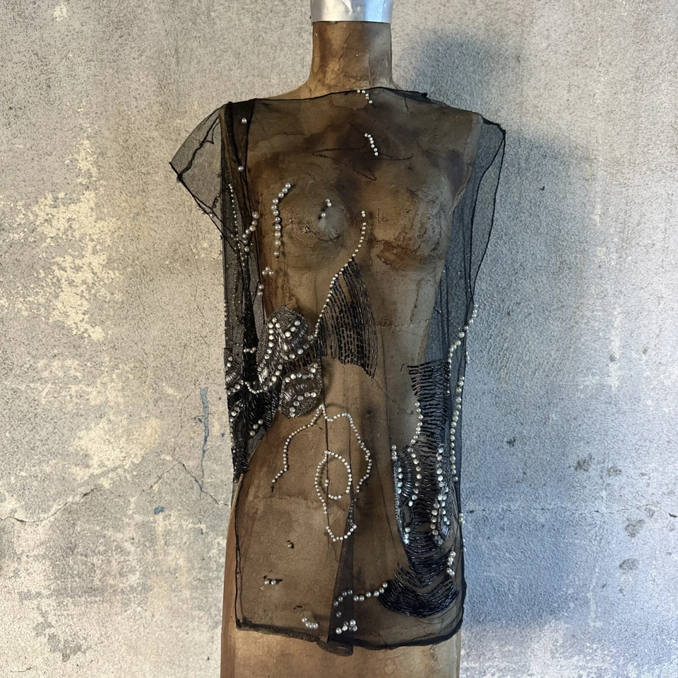 Antiguo Mini Vestido Top Años 20 Vintage Bordado en Red Cuentas de Murciélago Perla Estrás Foto 4 de 4