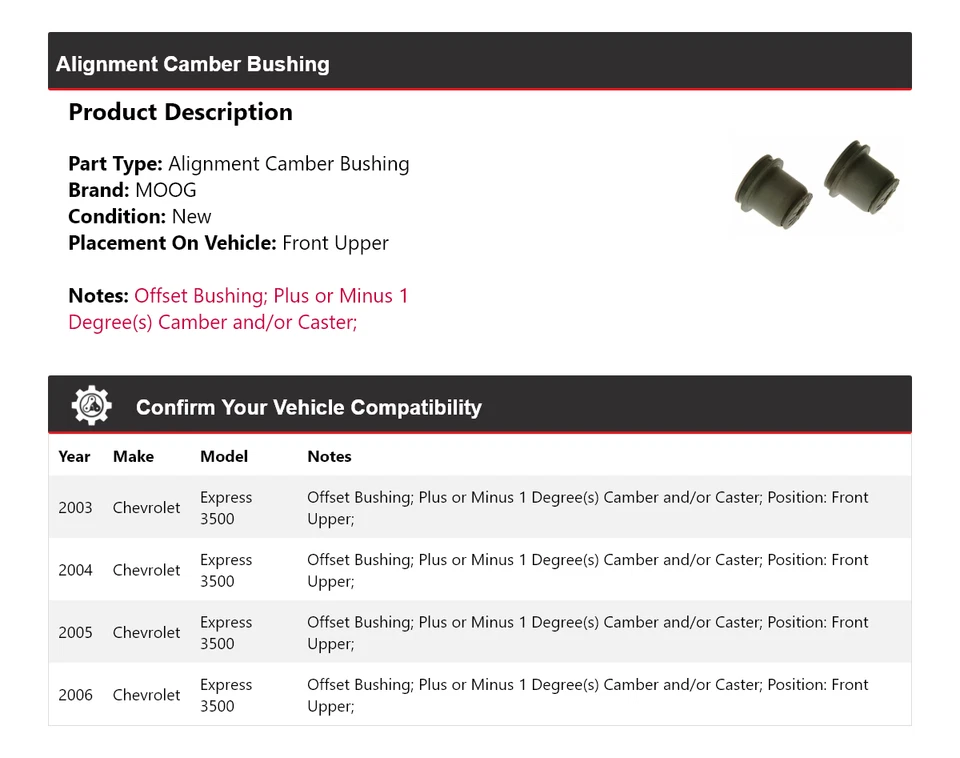Buje de inclinación delantero superior MOOG para Chevrolet Express 3500 2003-2006 alineación Foto 2 de 4