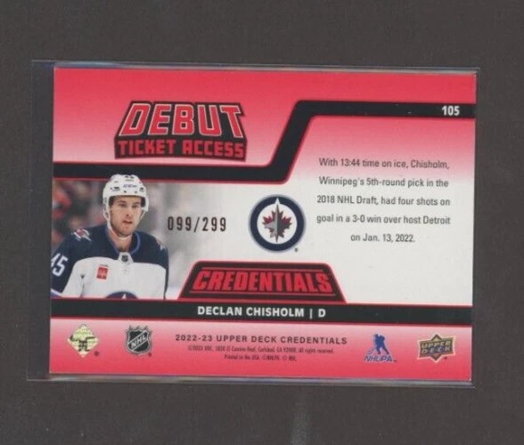 2022-23 Upper Deck Credentials Horizontal Red #105 Declan Chisholm 099/299 - Image 2 of 2