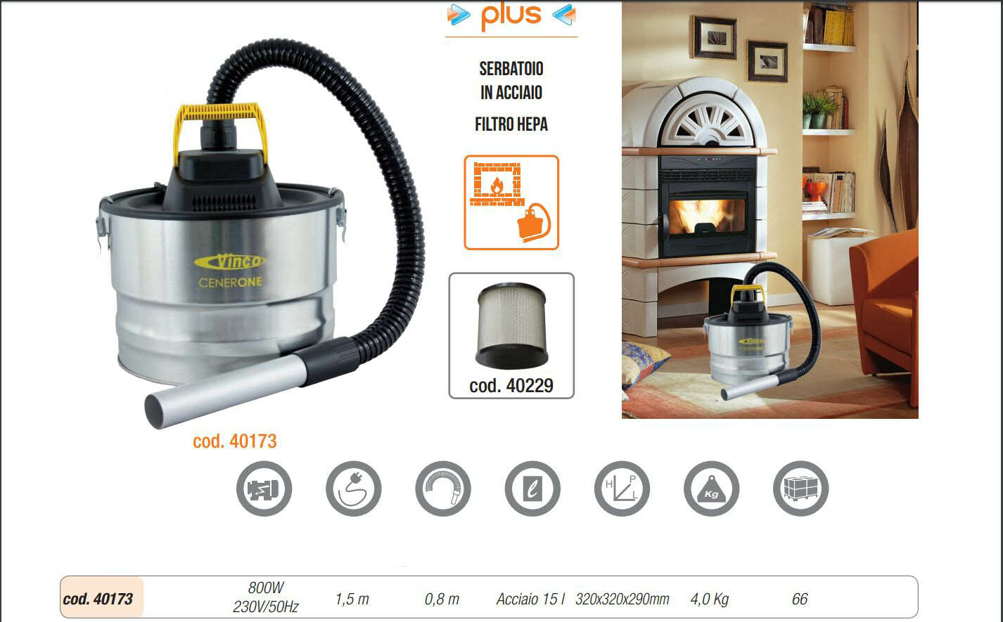 Aspiracenere Bidone Vinco Cenerone 15 lt - Potenza 800 W | Acquisti Online  su eBay