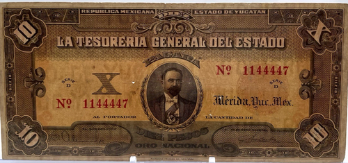 10 Pesos Estado De Yucatan La Tesoreria General Del Estado Serie D Note. 100