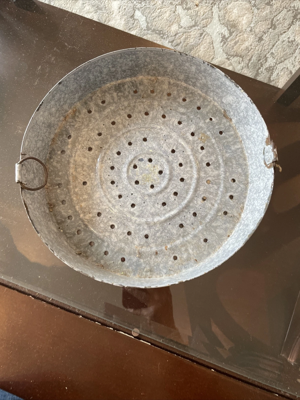 Antique Enameled Gray Drip Food Strainer Colander