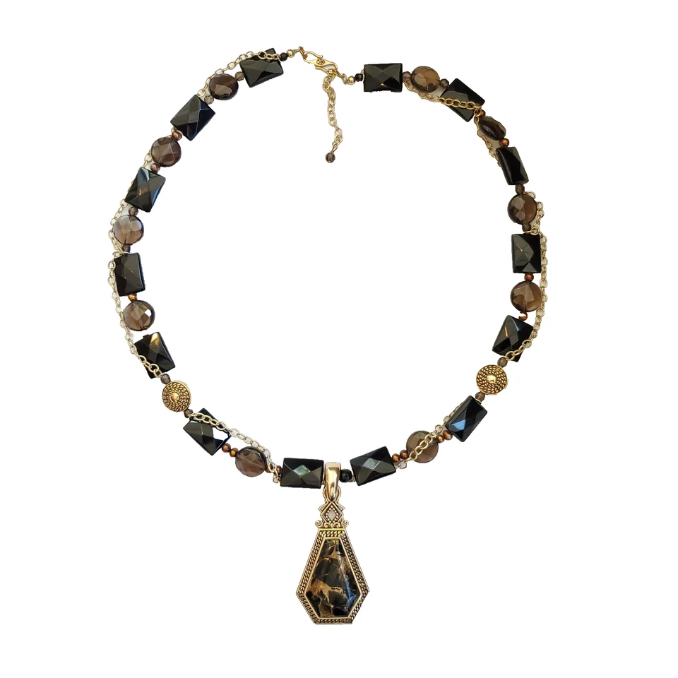 Collar Colgante Cuarzo Ahumado Ónix Negro Grueso Bronce Tono Dorado Barse Noche a Foto 2 de 4