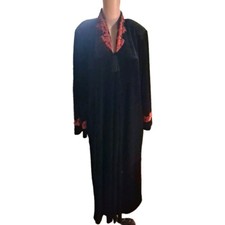 Diamond Tea VTG Black Velvet Zip Front Robe Red Trim House Coat Loungewear M