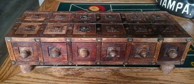 Vintage Handcrafted Wood Spice Trinket Box 6 Drawers, Metal Accents 15''x5.5''x4''