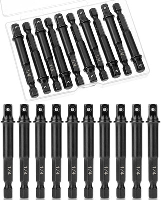 10pc Impact Drill Socket Adapter Set 1/4'' Square Hex Tip, Cr-V Steel, Case
