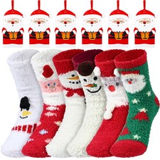 6 Pairs Christmas Fuzzy Socks Holiday Slipper Bed Socks with Xmas Gift Box