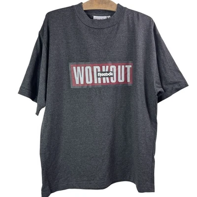 Reebok Workout Graphic T-Shirt  Sz M Charcoal Grey Logo Box Print Casual - image 1 of 4