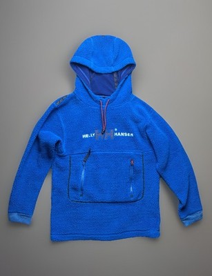 Helly Hansen Hoodie Men XXS Sherpa Fleece Pullover Oversized Blue Spellout