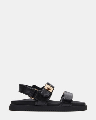 steven madden mona black leather sandals with gold buckle