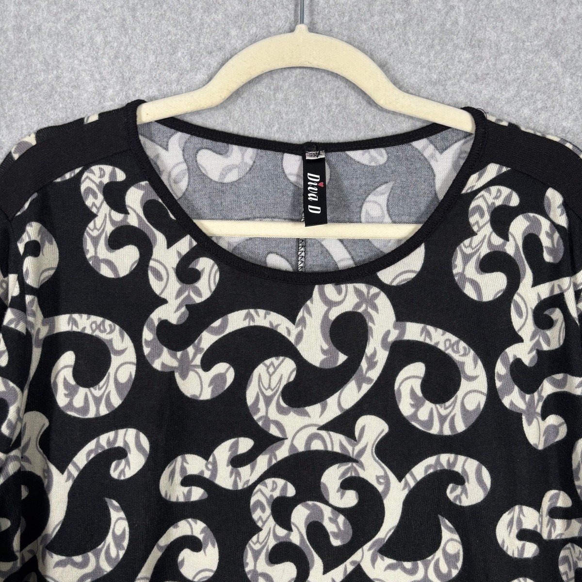 Diva D Dress 3XL Black Cream Mini Knit Paisley 3/4 Sleeve Thin Stretch Shift View 4