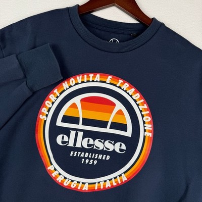 Ellesse Mens M Navy Blue Graphic Crewneck Sweatshirt OMR01797 Retro Sport