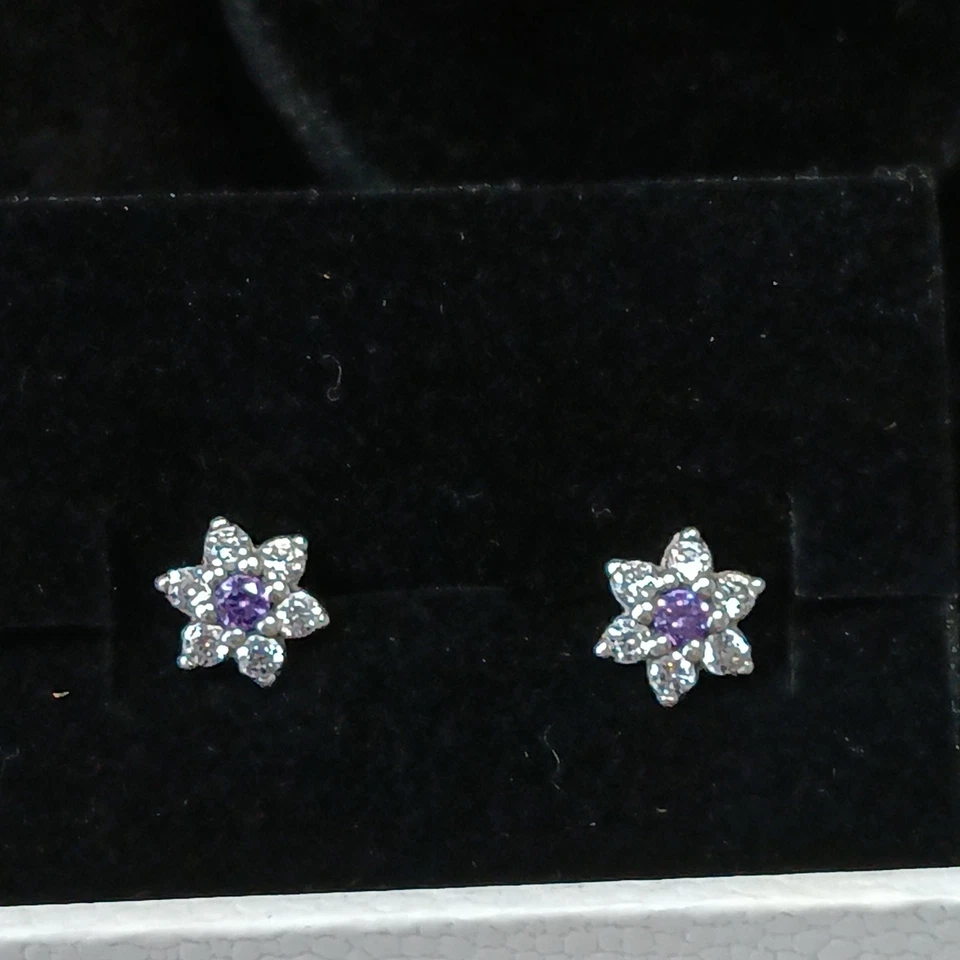 PANDORA Forget Me Not Purple and Clear CZ Flowers silver necklace ring &earrings - Image 2 of 4