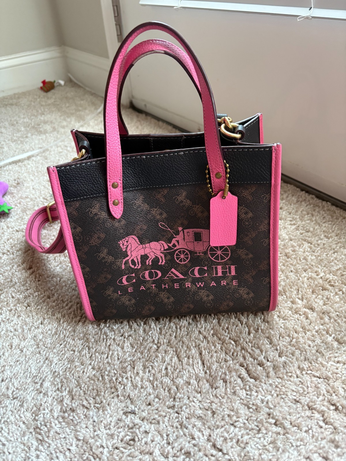 Coach Field Tote 22 in Truffle Petunia with Horse & Carriage Design  
