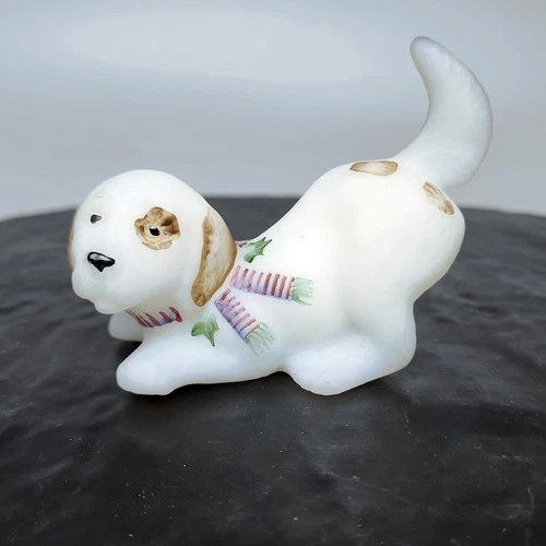 Fenton White Satin Glass Puppy Dog Figurine Signed Hand Painted Xmas