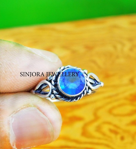Bague Argent Sterling 925 Avec Topaze Bleue - Faite Main, Taille Ajustable, Bijou Unique