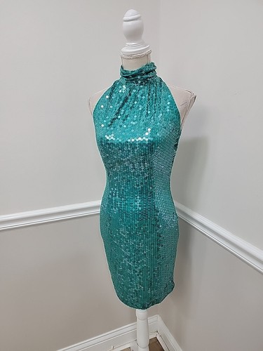 Vintage 80s Nite Line Green Sequin Halter Pensil Cocktail Dress  - Picture 5 of 12
