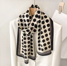 100% Mulberry Silk Crepe Shawl Dots Print Neckerchief Oblong Scarf Black/White