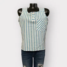 Gitano VINTAGE Womens Medium Tank Top Sleeveless Cotton Stripes Retro Blue White