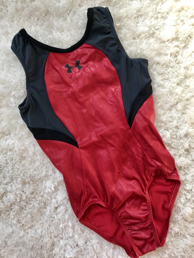 Under Armour GK ELITE USA Gymnastics Leotard in Red Black Gray with Mesh Detail Size CM
