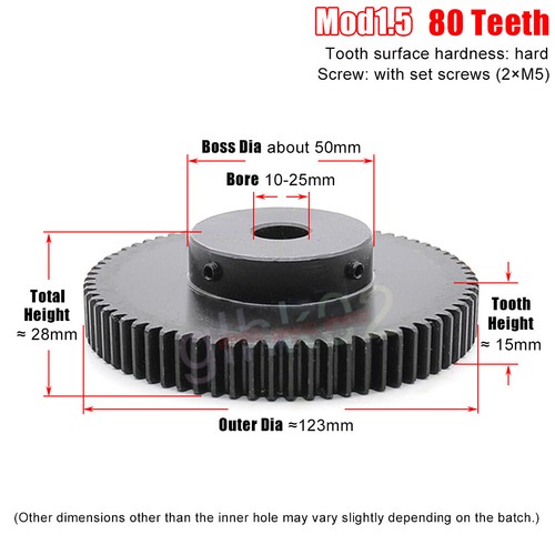 Mod1.5 Steel Pinion Gear Spur Gear 12-100 Teeth 4-25mm Bore With Screw Blackened - Picture 49 of 51