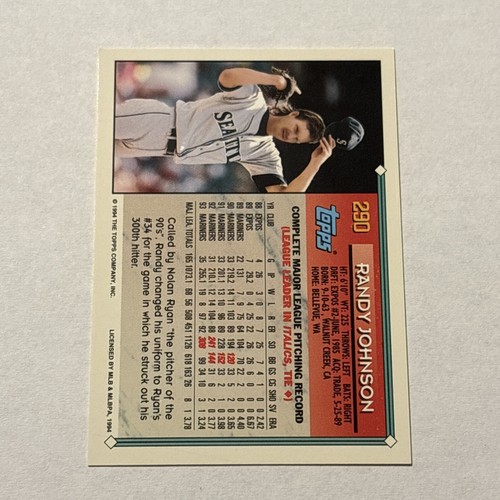 Randy Johnson 1994 Topps Gold Parallel Card #290 Seattle Mariners - Picture 2 of 2