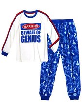 Boys Blue  White Warning Beware Of Genius 2 Piece Pajama PJ Sleep Set