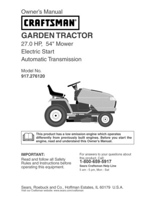 Owner’s Manual Sears Craftsman HP Lawn Tractor w/ 54” Mower 