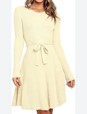 Anrabess Women's Off-White Knit Pullover Dress w/Belt Long Sleeves Size S NWOT