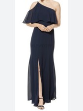 Bill Levkoff Wedding Evening Cocktail Party Maxi One Shoulder Dress Navy Sz8NWT