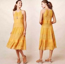 Anthropologie HD in Paris Villanella Mango Yellow Tiered Lace Dress Size Medium