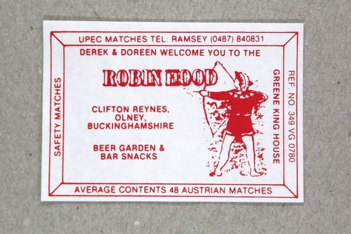 Matchbox Label Pub Robin Hood Clifton Reynes Olney Buckinghamshire MN313