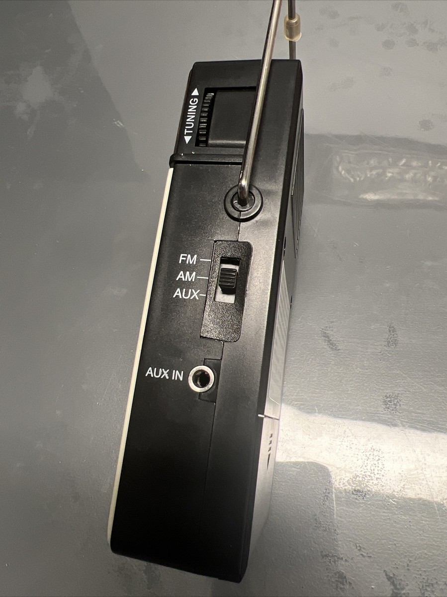 VINTAGE LOOK AM/FM TRANSISTOR RADIO W/CHROME STAND & CARRY HANDLE