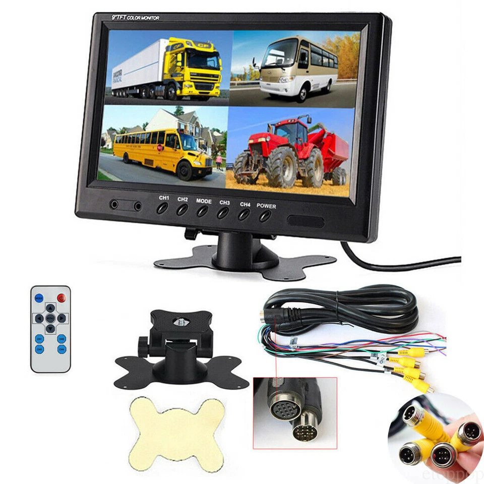 4x 4PIN REAR BACK UP CAMERA 9" MONITOR SYSTEM FOR RV BUS TRUCK QUAD SPLIT SCREEN - Image 4 of 4