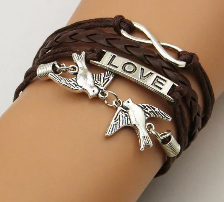 Infinite Love Birds Fashion Leather Wrap Charms Bracelet Bangle AU