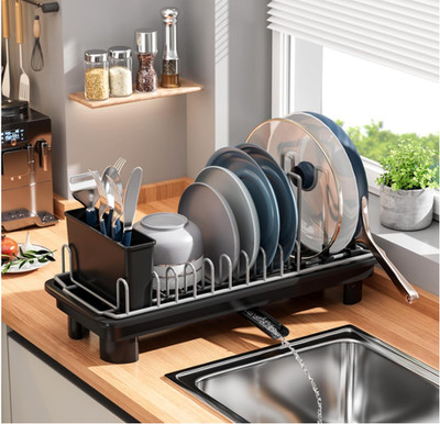 Escurridor de platos compacto negro de acero inoxidable con porta cubiertos y