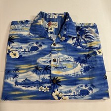 Vintage Hilo Hattie Men  s Large Blue Hawaiian Original Floral Short Sleeve Shirt