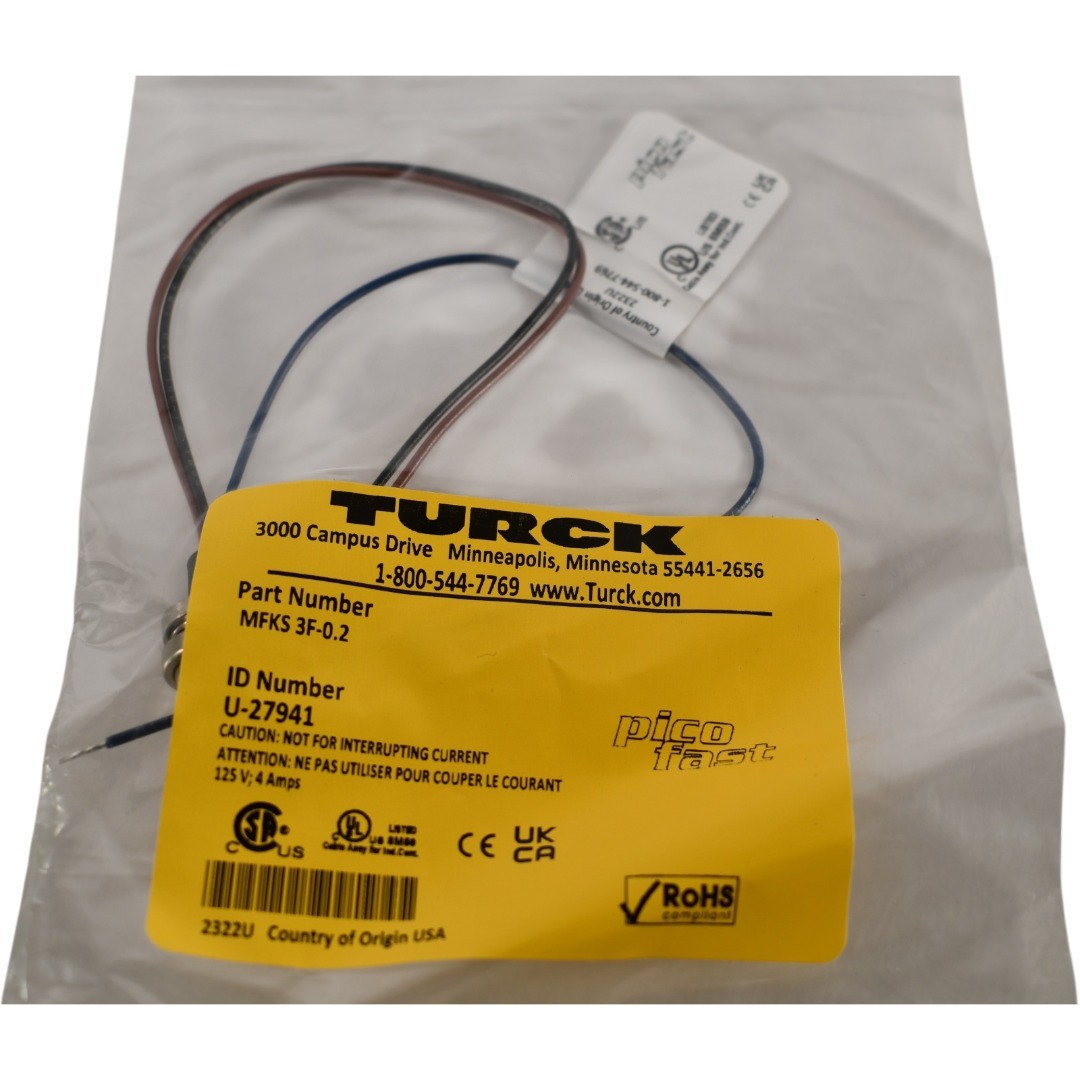 NEW Turck MFKS 3F-0.2 U-27941 Cable Cord Assy Connector