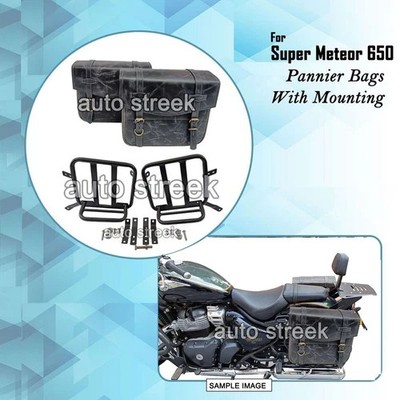 For Royal Enfield ''SUPER METEOR 650'' Grey Black Leather Pannier Bag & Mounting