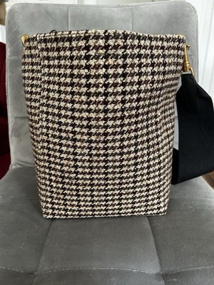 CELINE Sangle Umhängetasche Tweed Hahnentritt Beige/Schwarz gold. Beutel
